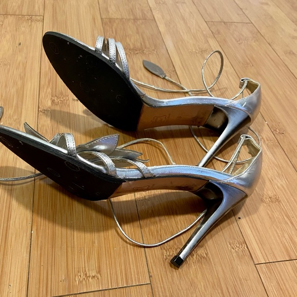 COUP D’ÉTAT Heels with wrap around ankle straps.  Bronze and Silver Leafs - Picture 5 of 7